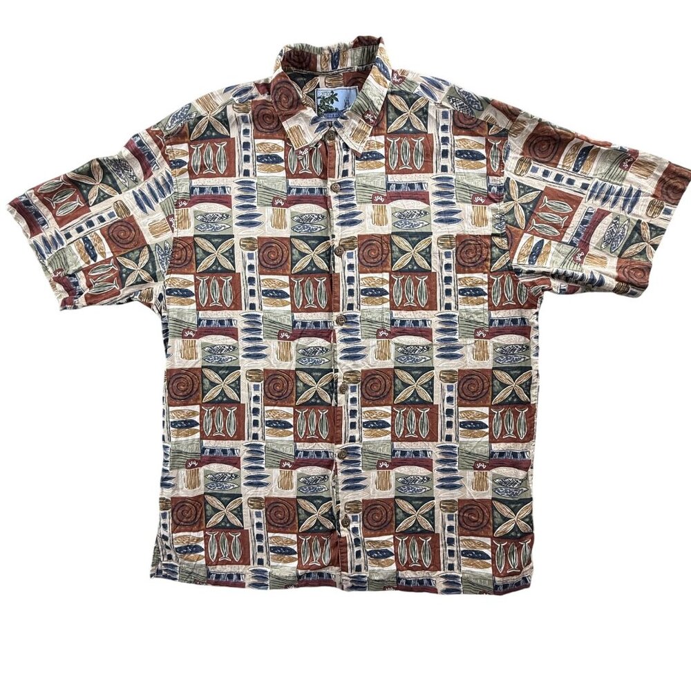 Aftco Bluewater Shirt Mens Large Geometric Fish Nautical Button Up Short Sleeve